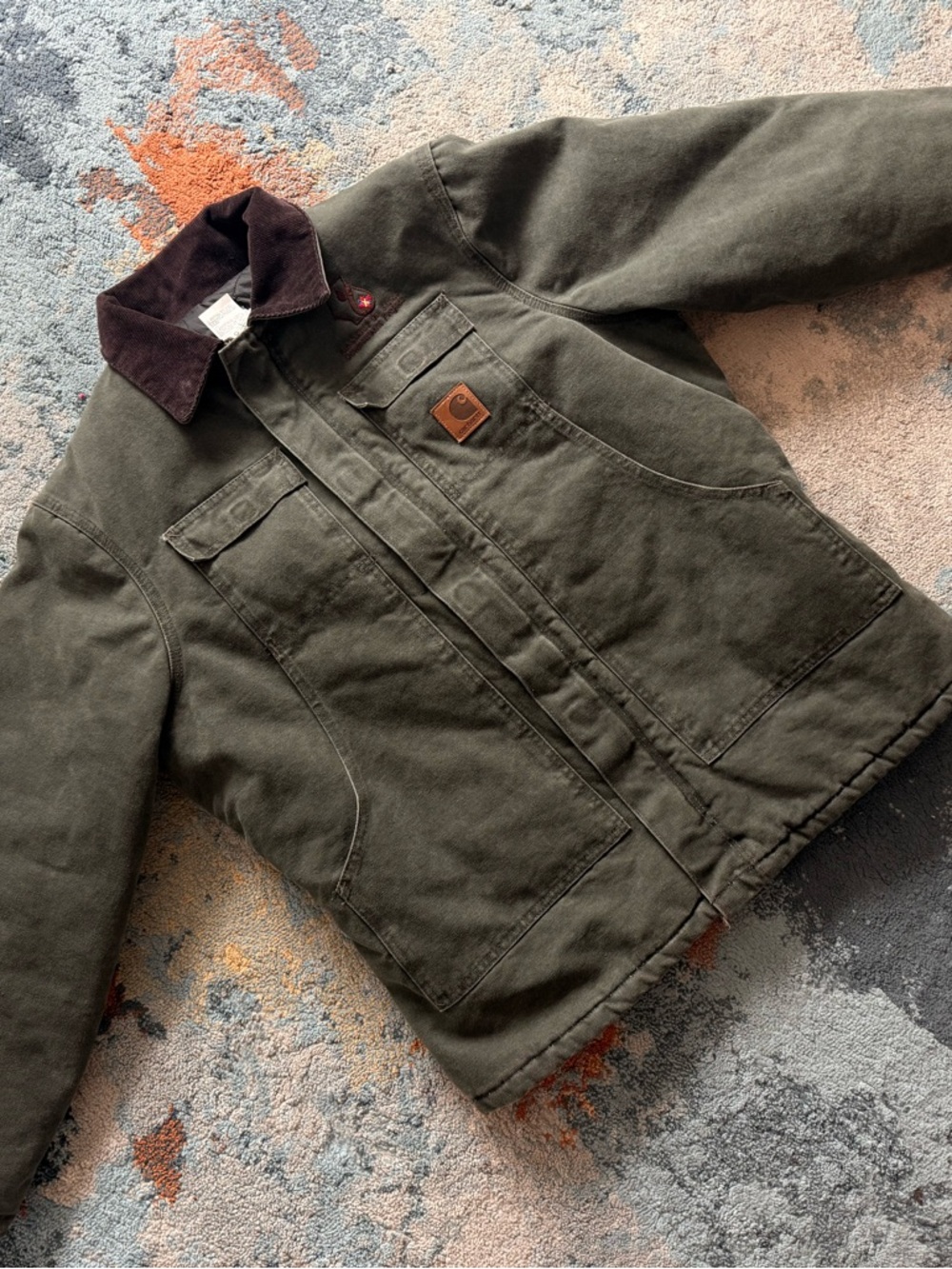 Carhartt Olive Green Canvas Jacket with Brown Cord Collar